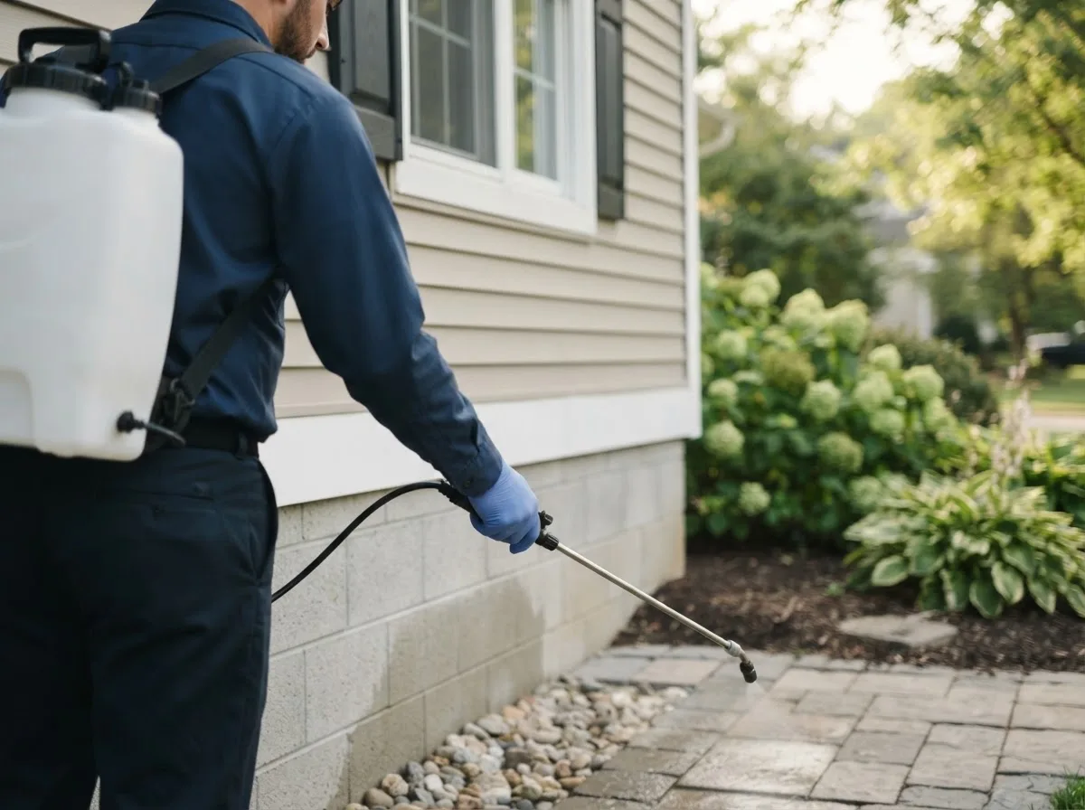 Pest control technician inspecting a home in Center City, MN